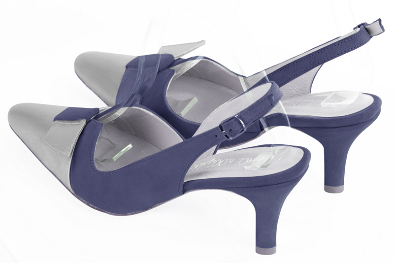 Light silver and prussian blue women's open back shoes, with a knot. Tapered toe. High slim heel. Rear view - Florence KOOIJMAN